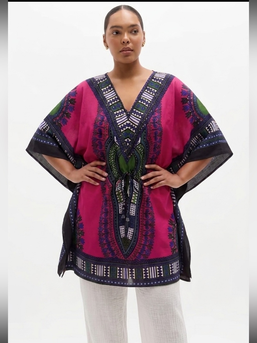 California Woman Aztec Border Patterned Caftan Beach Cover Up Drawstring Waist - Picture 13 of 13